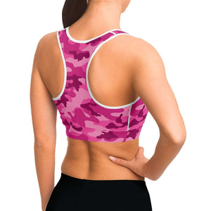 Pink Camo Women's Sports Bra, Army Military Print Padded Fitness