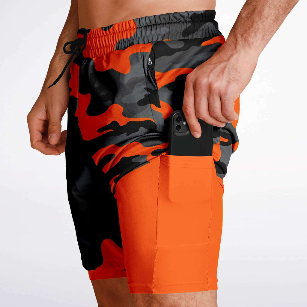 Men's 2-in-1 Black Orange Camouflage Gym Shorts
