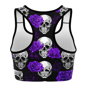 Women's Purple Roses & Skulls Halloween Athletic Sports Bra Back