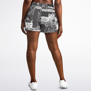 Black White Paisley Patchwork Running Shorts