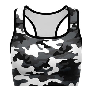 Women's Black White Camouflage Athletic Sports Bra