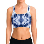 Women's Blue Monotone Tie-Die Athletic Sports Bra Model Front