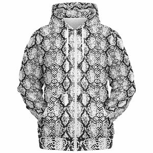 Unisex White Snakeskin Reptile Pattern Print Zip-Up Hoodie