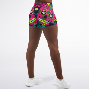 Women's Mid-rise Day of the Dead Sugar Skulls Halloween Athletic Booty Shorts