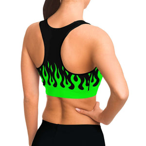 Green Fire Flames Sports Bra