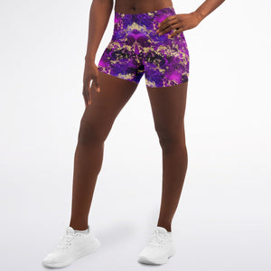 Women's Mid-Rise Purple Gold Flake Galaxy Gods Athletic Booty Shorts