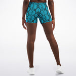 Women's Mid-rise Blue Snakeskin Reptile Print Athletic Booty Shorts