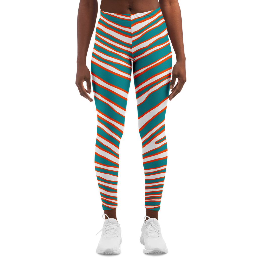 Women's Miami Football Teal Orange Wild Zebra Stripe Animal Pattern Mid-Rise Yoga Leggings