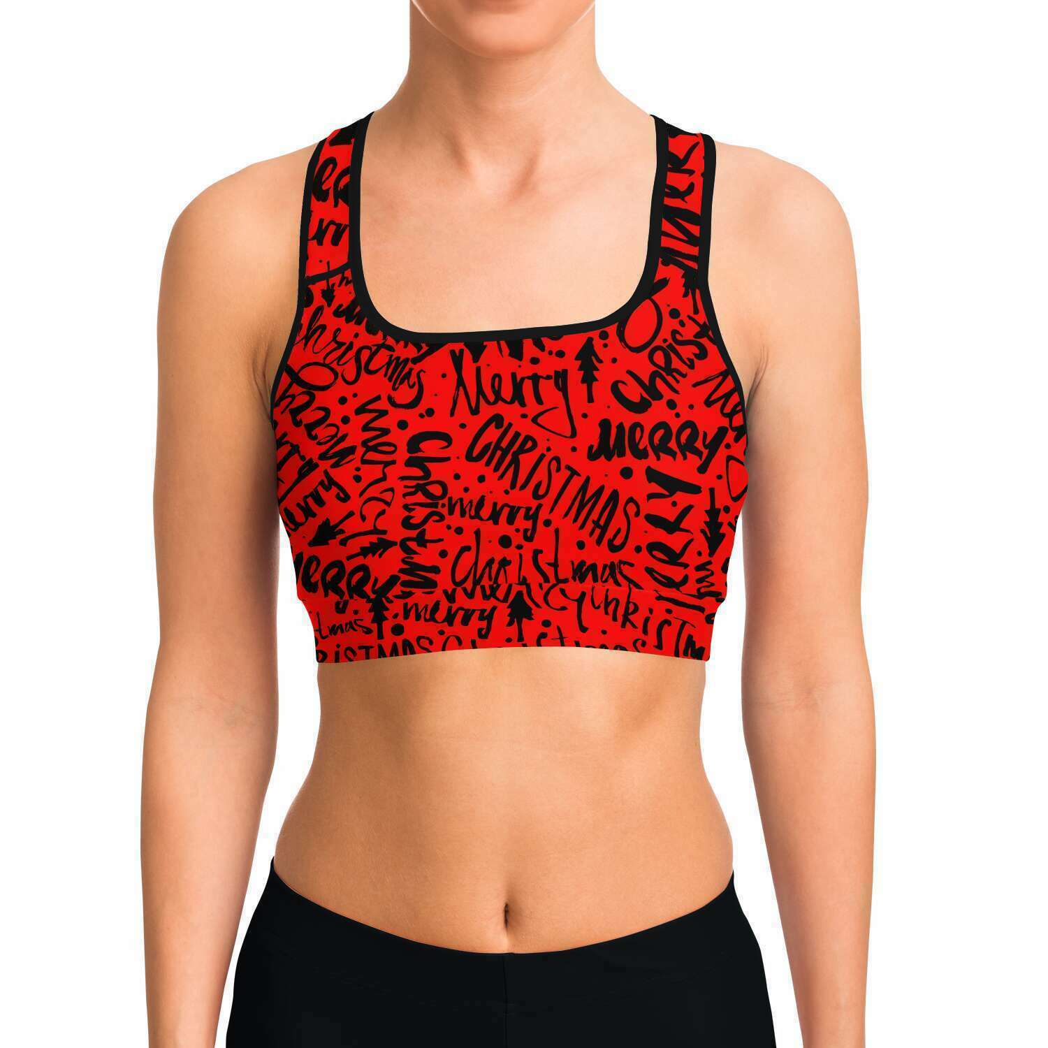 Women's Black Red Merry Christmas Graffiti Athletic Sports Bra Model Front