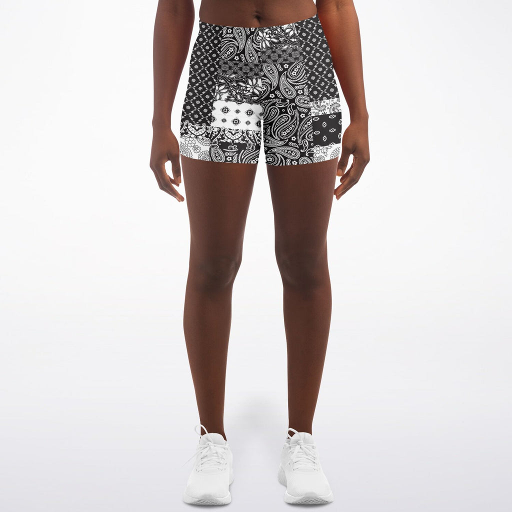 Black White Paisley Patchwork Athletic Shorts