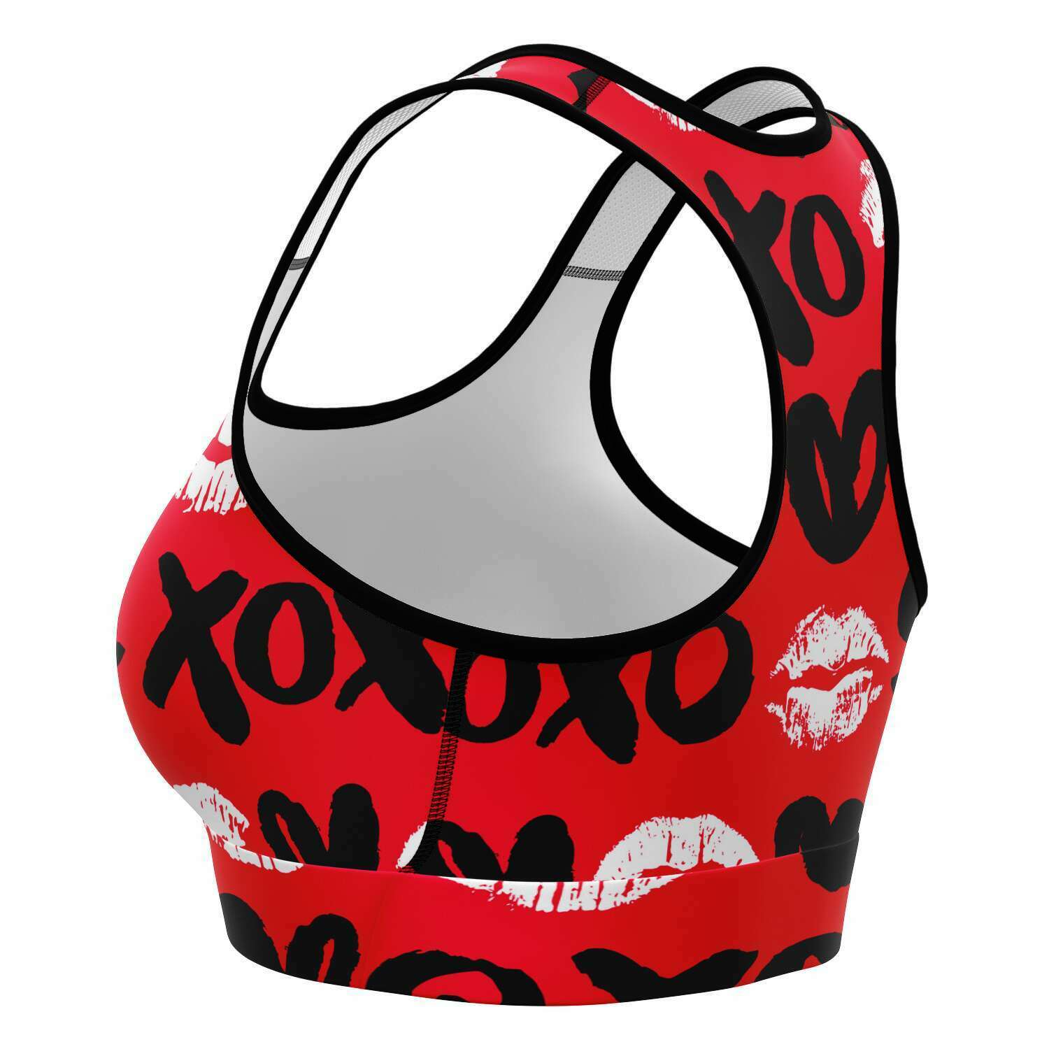 Women's Red Valentines Hearts Hugs Kisses Athletic Sports Bra Left