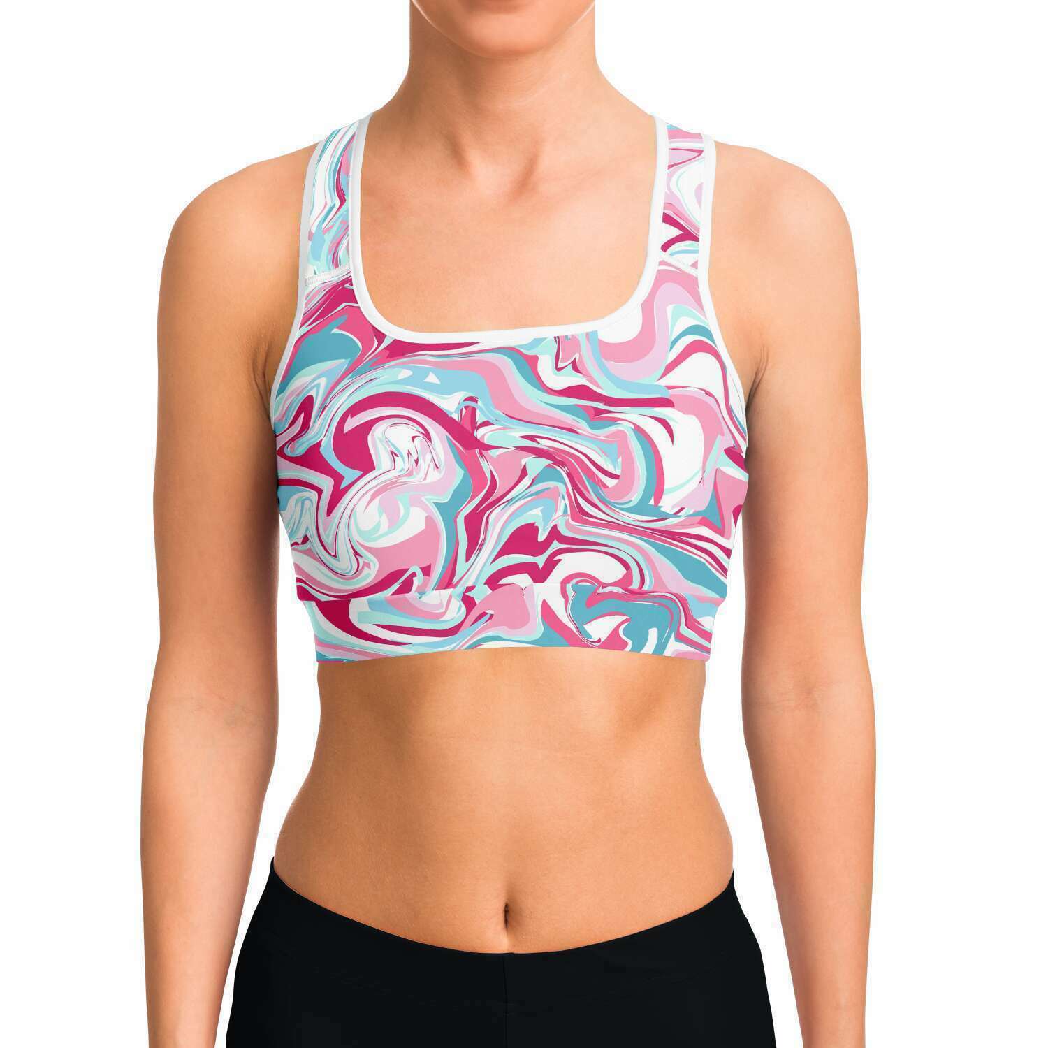 Women's Pink Blue Marble Paint Swirls Athletic Sports Bra Model Front