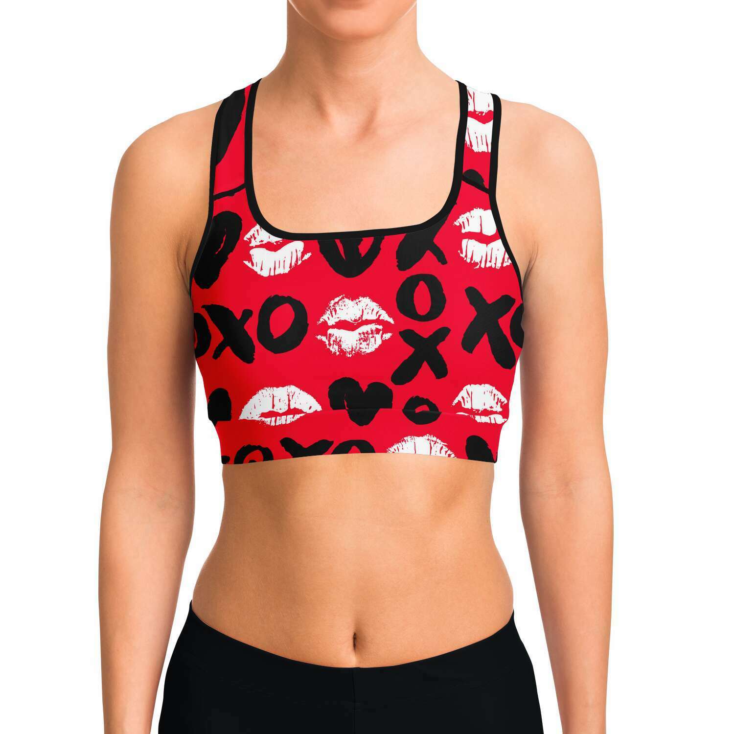 Women's Red Valentines Hearts Hugs Kisses Athletic Sports Bra Model Front