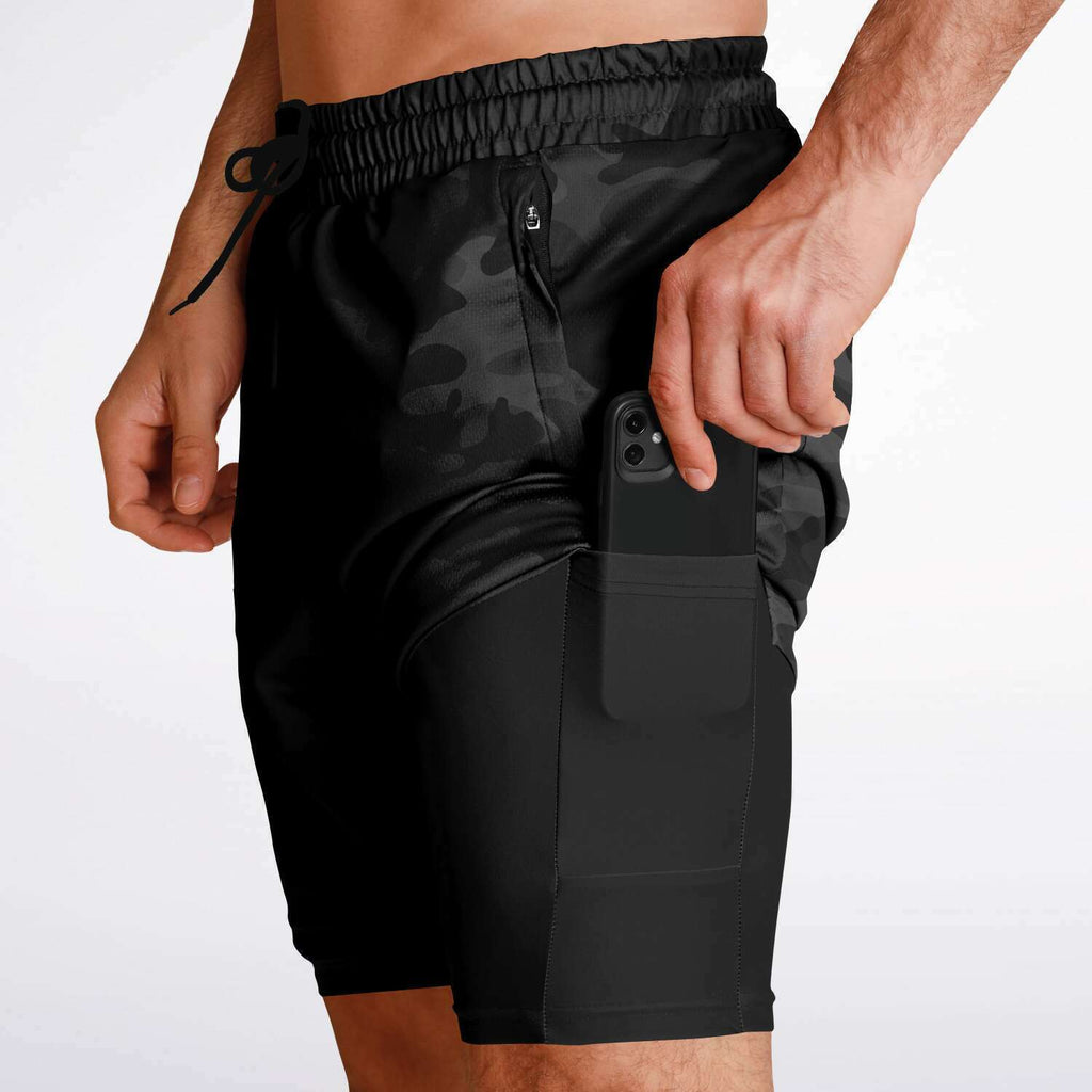 Men's 2-in-1 All Midnight Black Mamba Camouflage Gym Shorts