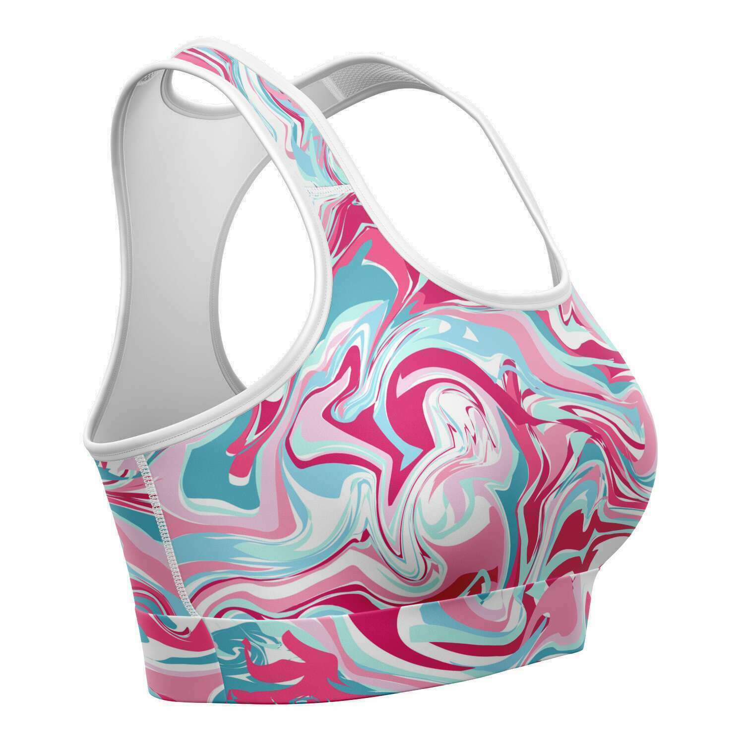 Women's Pink Blue Marble Paint Swirls Athletic Sports Bra Right