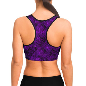 Women's Purple Neon Spider Web Halloween Athletic Sports Bra Model Back