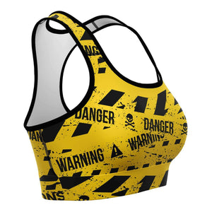 Women's Yellow Under Construction Warning Caution Tape Athletic Sports Bra Right