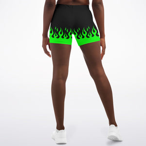 Women's Retro Classic Green Fire Flames Mid-Rise Athletic Yoga Booty Shorts Model Back