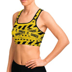 Women's Yellow Under Construction Warning Caution Tape Athletic Sports Bra Model Left
