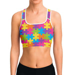Women's Rainbow Puzzle Pieces Autism Awareness Athletic Sports Bra Model Front