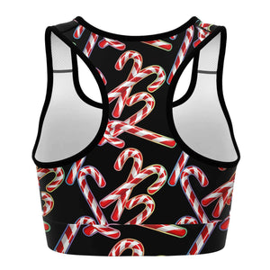 Women's Rainbow Christmas Candy Canes Athletic Sports Bra Back