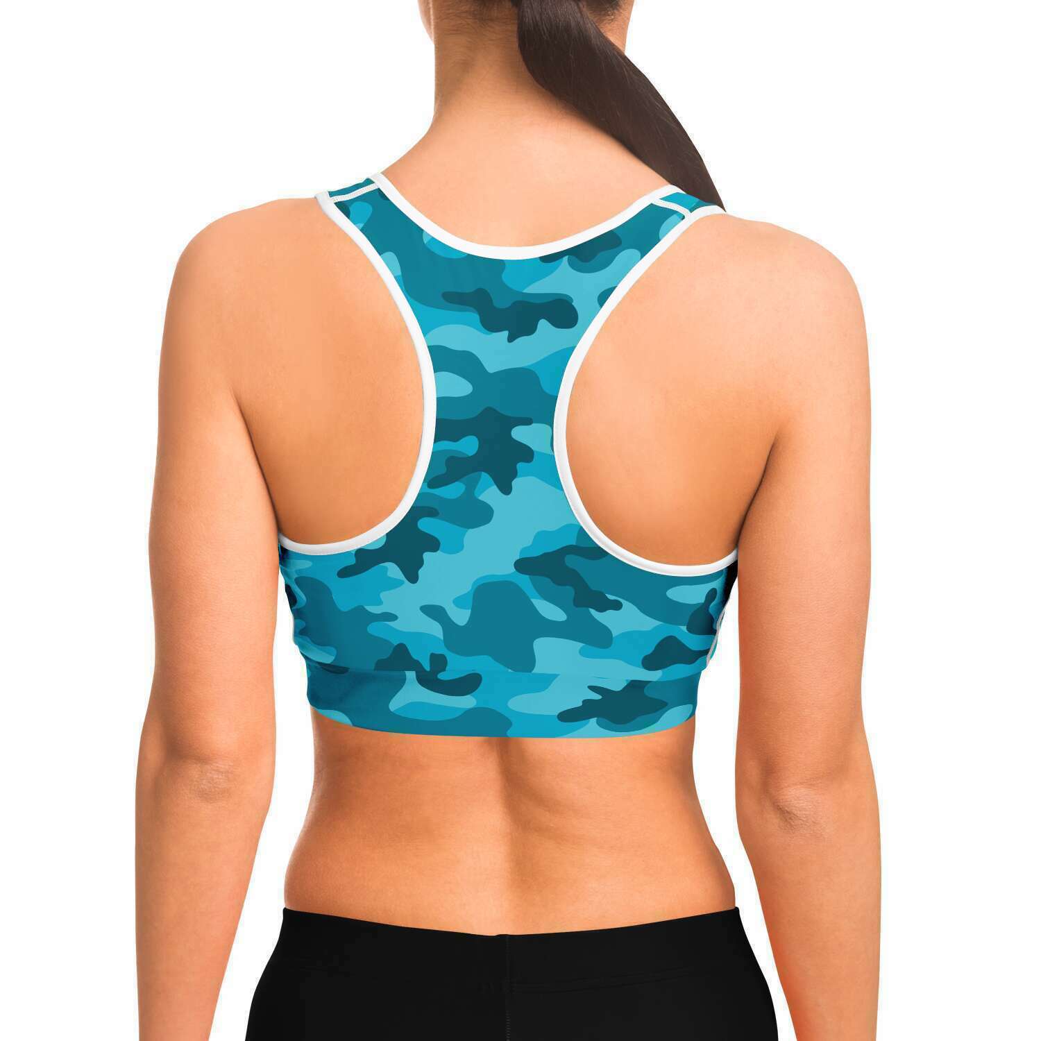 Women's All Cyan Blue Camouflage Athletic Sports Bra Model Back
