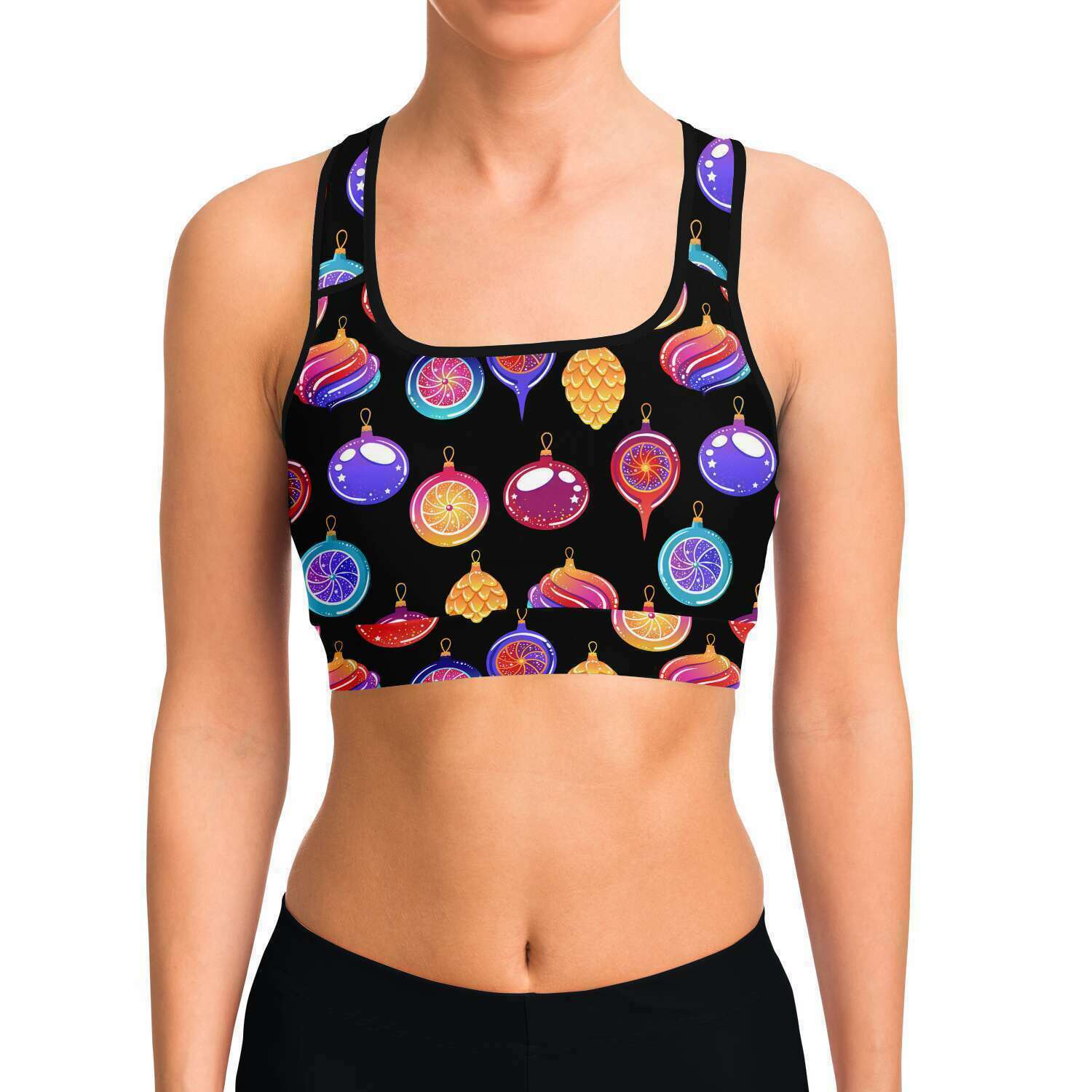Women's Colorful Christmas Ornaments Athletic Sports Bra Model Front