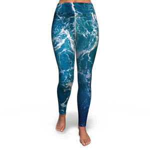 Women's Blue Ocean Marble High-waisted Yoga Leggings Front