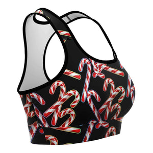 Women's Rainbow Christmas Candy Canes Athletic Sports Bra Right