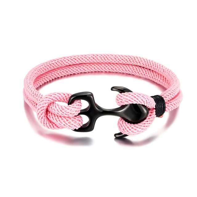 Men's Double Strand Pink Paracord Rope Stainless Steel Nautical Anchor Bracelet Jewelry