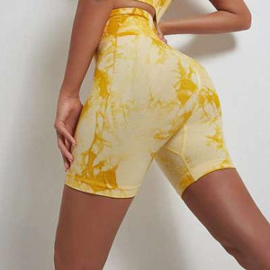 Women's Trendy Seamless Yellow High-rise Tie-Dye Athletic Booty Yoga Shorts