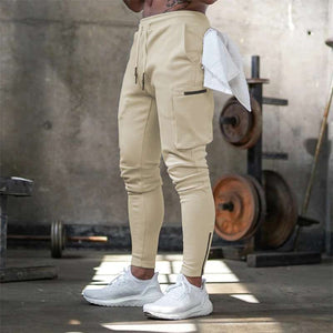 Men's Beige Cream Multi-pocket Gym Fitness Joggers Sweatpants