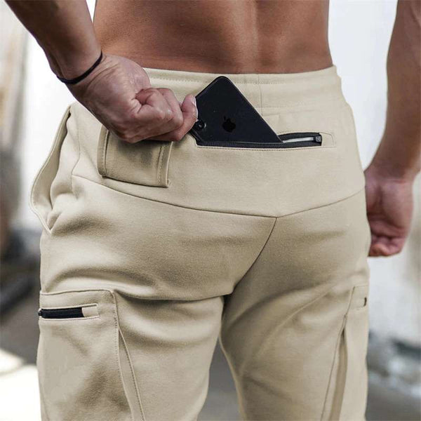 Men's Beige Cream Multi-pocket Gym Fitness Joggers Sweatpants