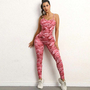 Women's Pink Camouflage Brazilian Style One-Piece Sculpted Backless Workout Yoga Unitard Bodysuit Jumpsuit