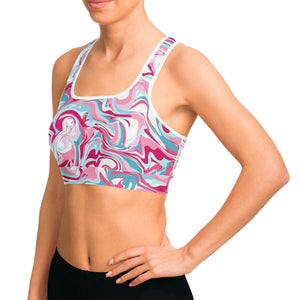 Women's Pink Blue Marble Paint Swirls Athletic Sports Bra Model Left