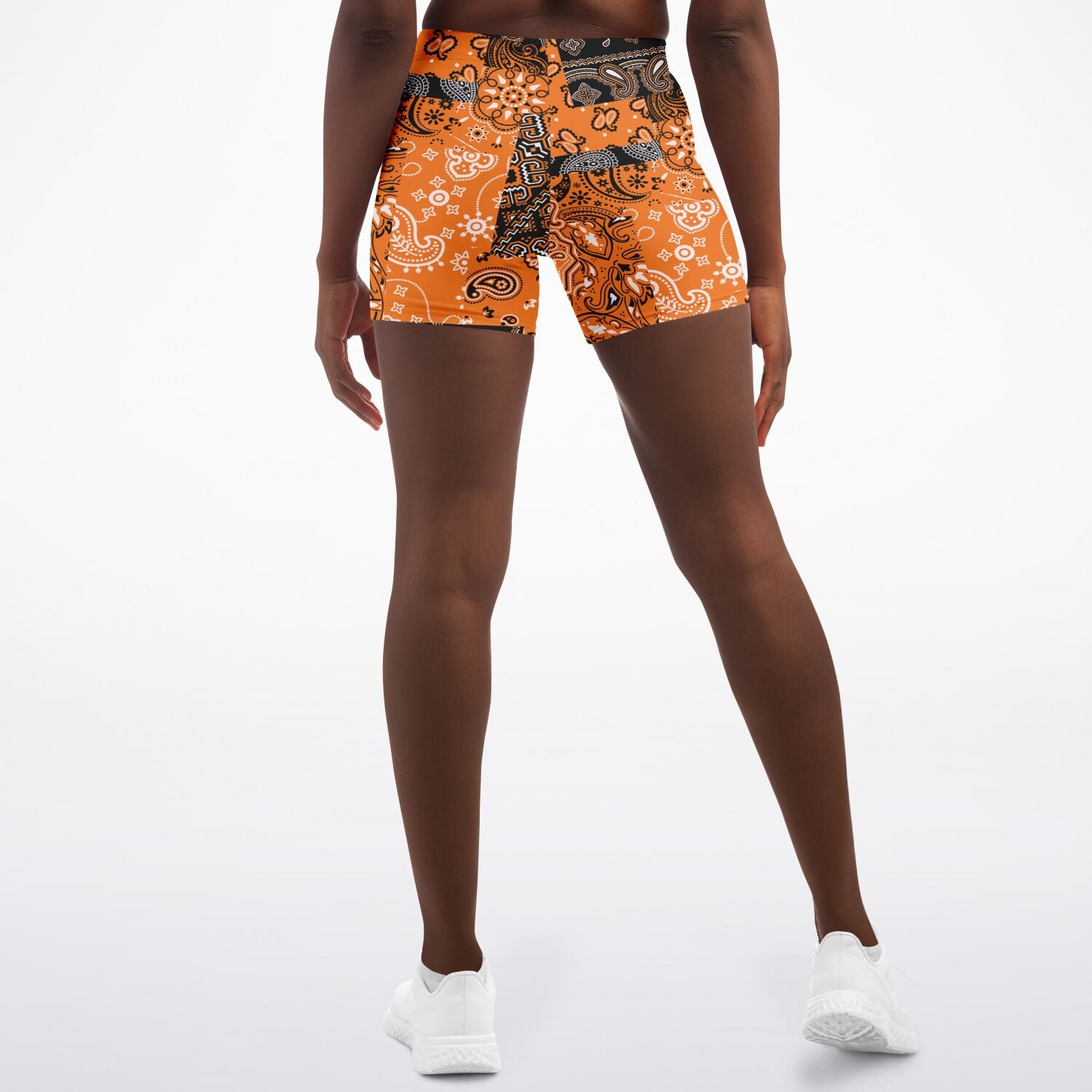 Women's Orange Paisley Patchwork Athletic Booty Shorts Back