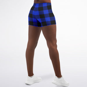 Women's Blue Lumberjack Plaid Tartan Mid-rise Athletic Booty Shorts