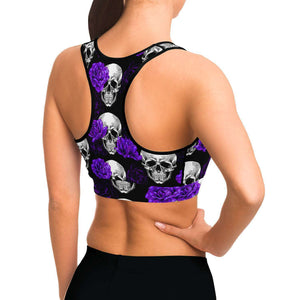 Women's Purple Roses & Skulls Halloween Athletic Sports Bra Model Right