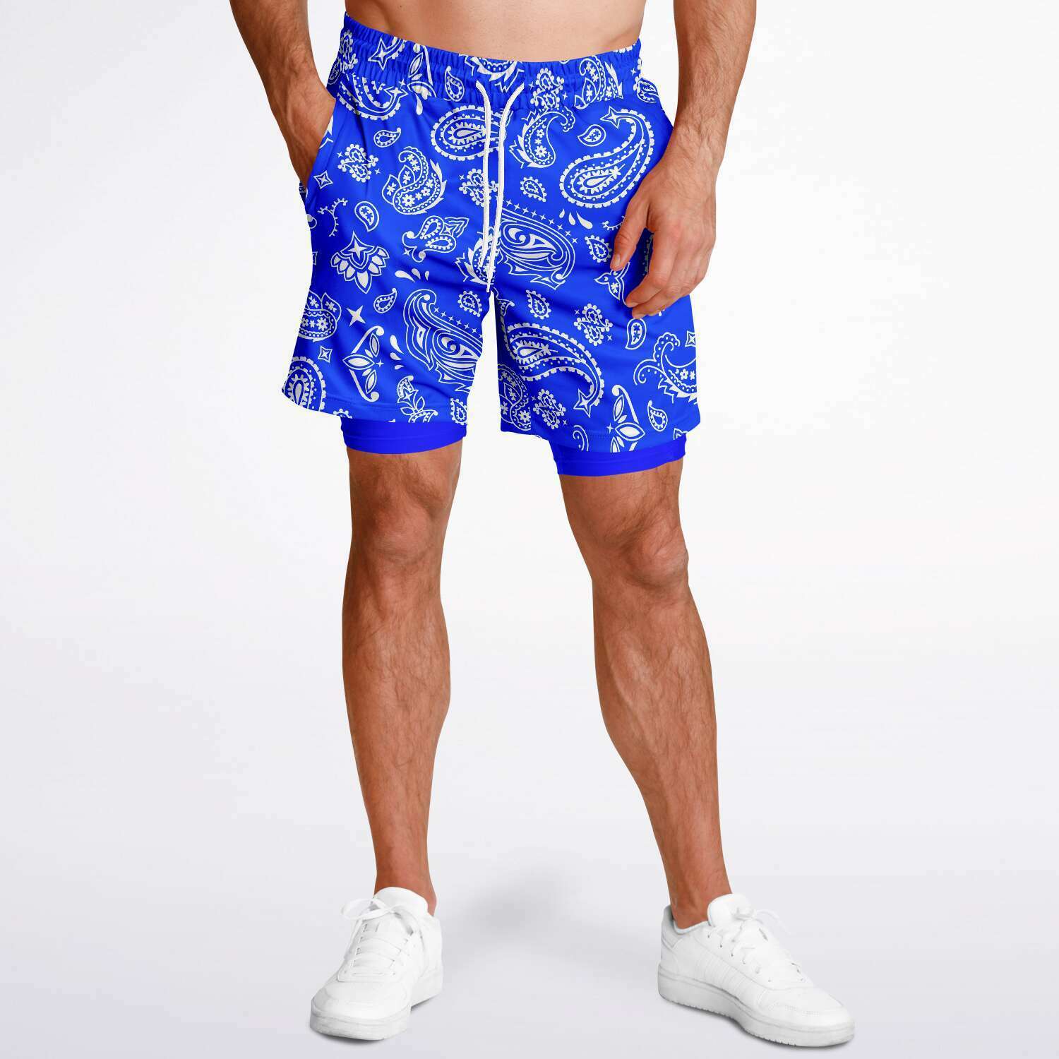 Men's 2-in-1 Classic Blue White Paisley Gym Shorts