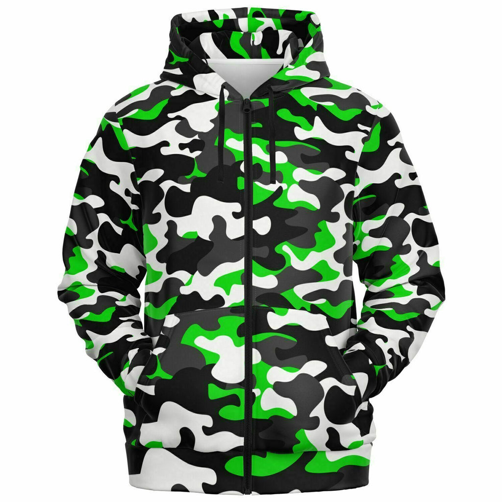 Urban Jungle Green Black Camouflage Athletic Zip-Up Hoodie