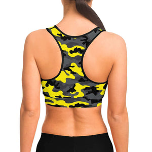 Women's Black Yellow Camouflage Athletic Sports Bra Model Back