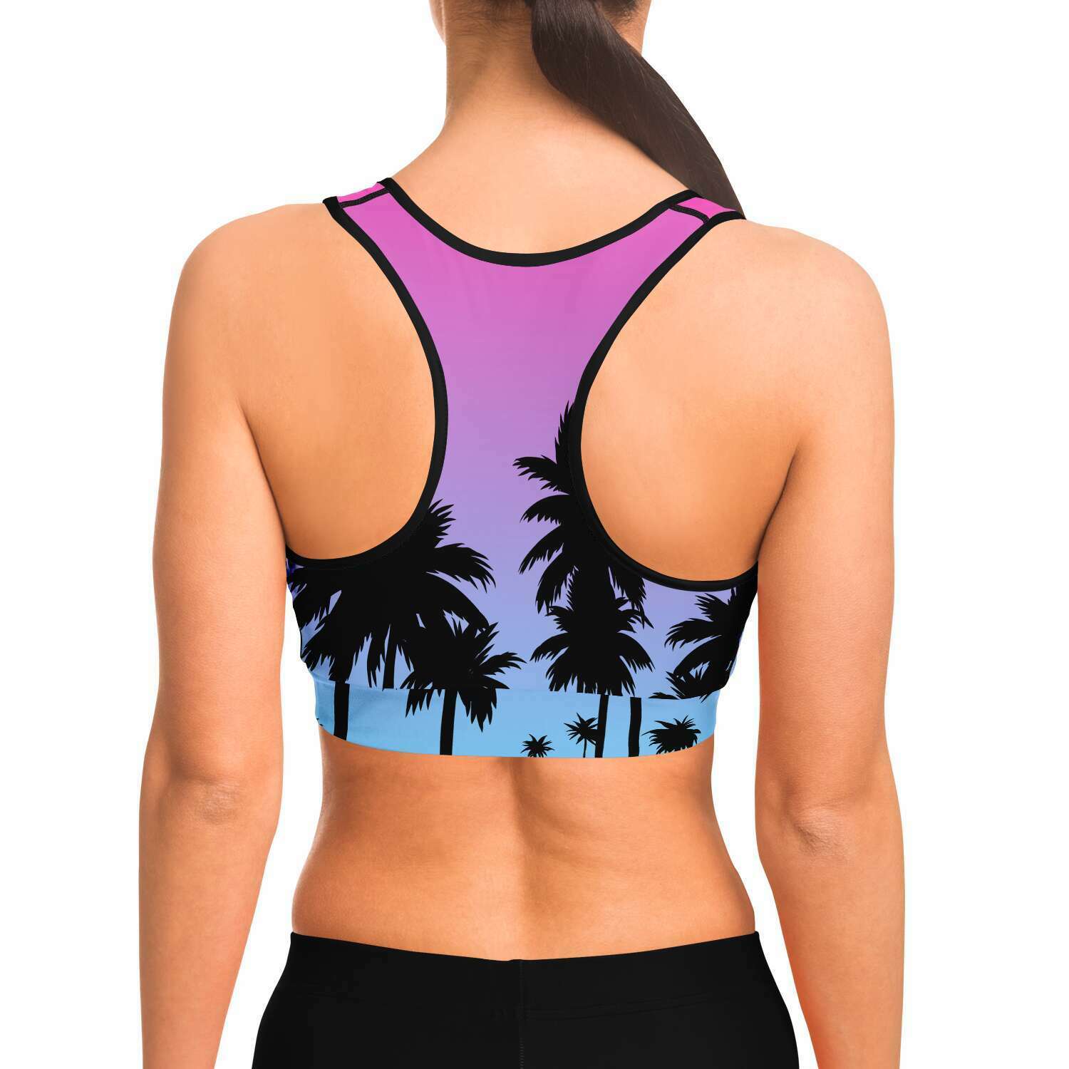 Women's California Vibes Palm Tree Athletic Sports Bra Model Back