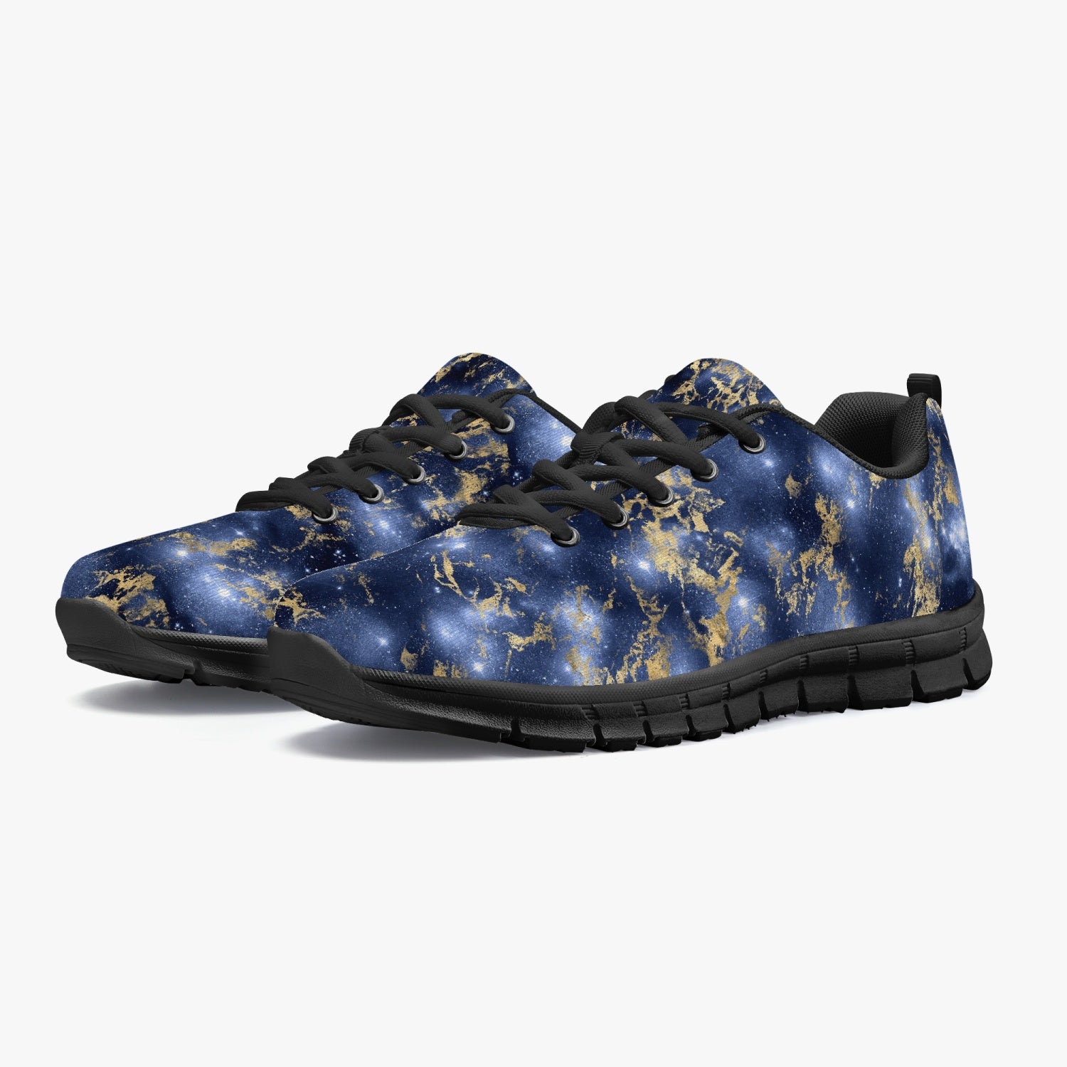 Women's Blue Gold Flake Galaxy Gods Running Gym Sneakers Overview