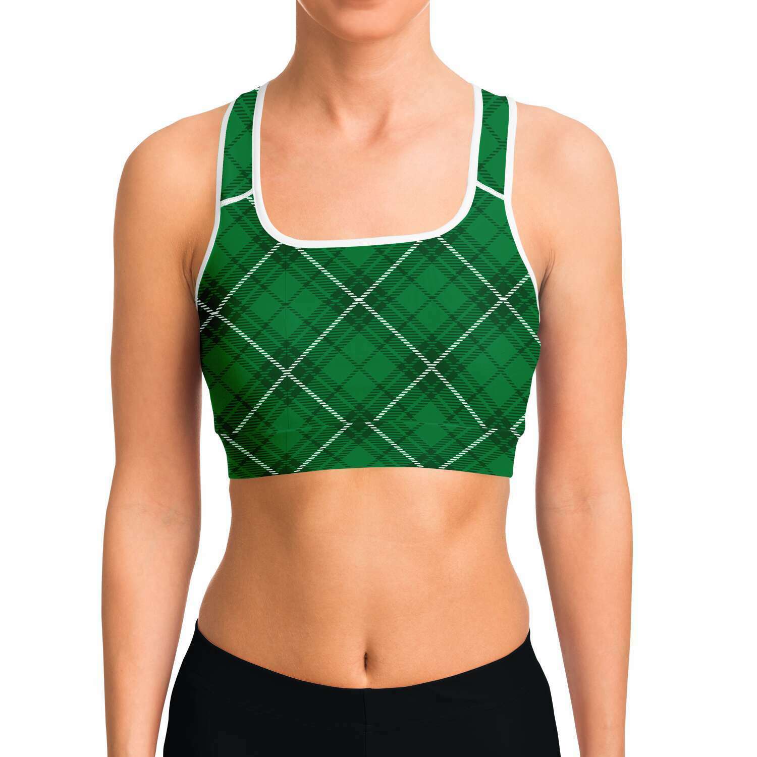 Women's Tradition Irish Green Plaid Athletic Sports Bra Model Front