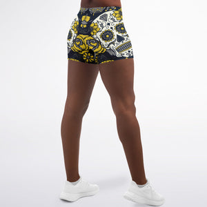 Women's Mid-rise Yellow Day of the Dead Sugar Skulls Halloween Athletic Booty Shorts