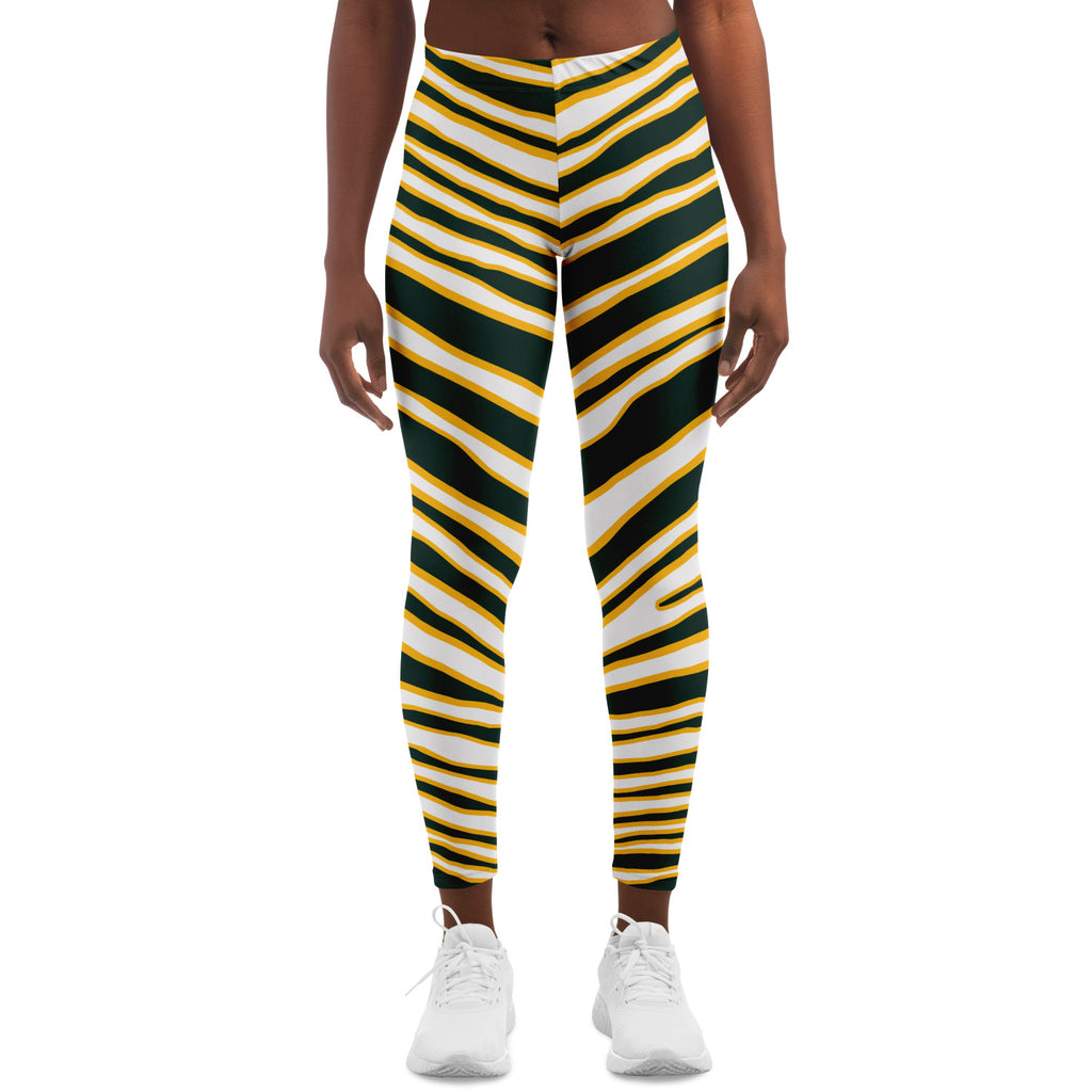 Women's Green Bay Football Yellow Wild Zebra Stripe Animal Pattern Mid-rise Athletic Yoga Leggings