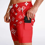 Men's 2-in-1 Red LV Luxury Brand Monogram Print Pattern Gym Shorts