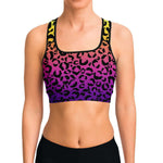 Women's Rainbow Gradient Leopard Cheetah Print Athletic Sports Bra Model Front