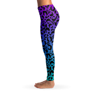 Women's Purple Blue Gradient Leopard Cheetah Print Mid-rise Yoga Leggings Left