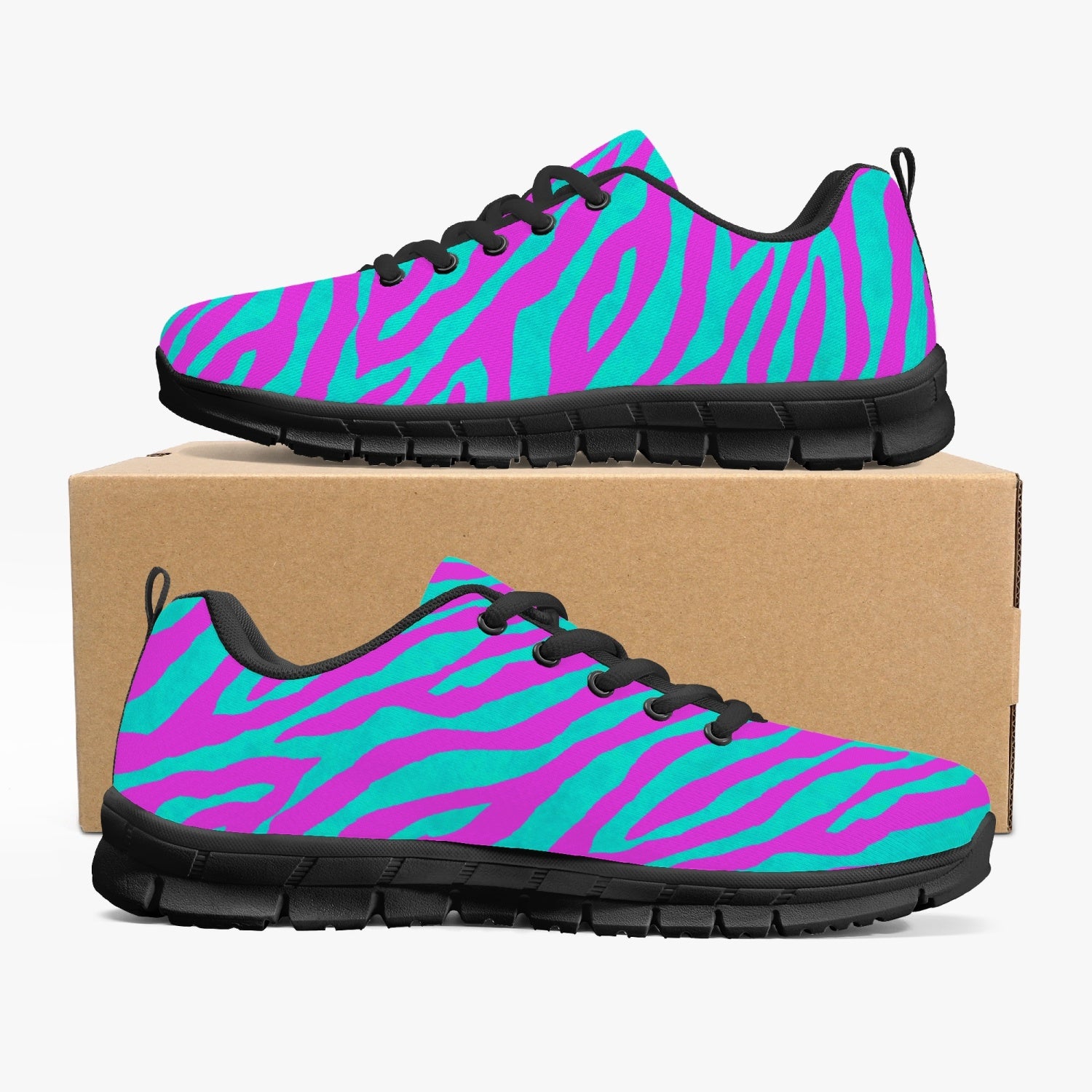 Women's Hot Pink Zebra Half Print Pattern Gym Workout Sneakers Inside Outside View